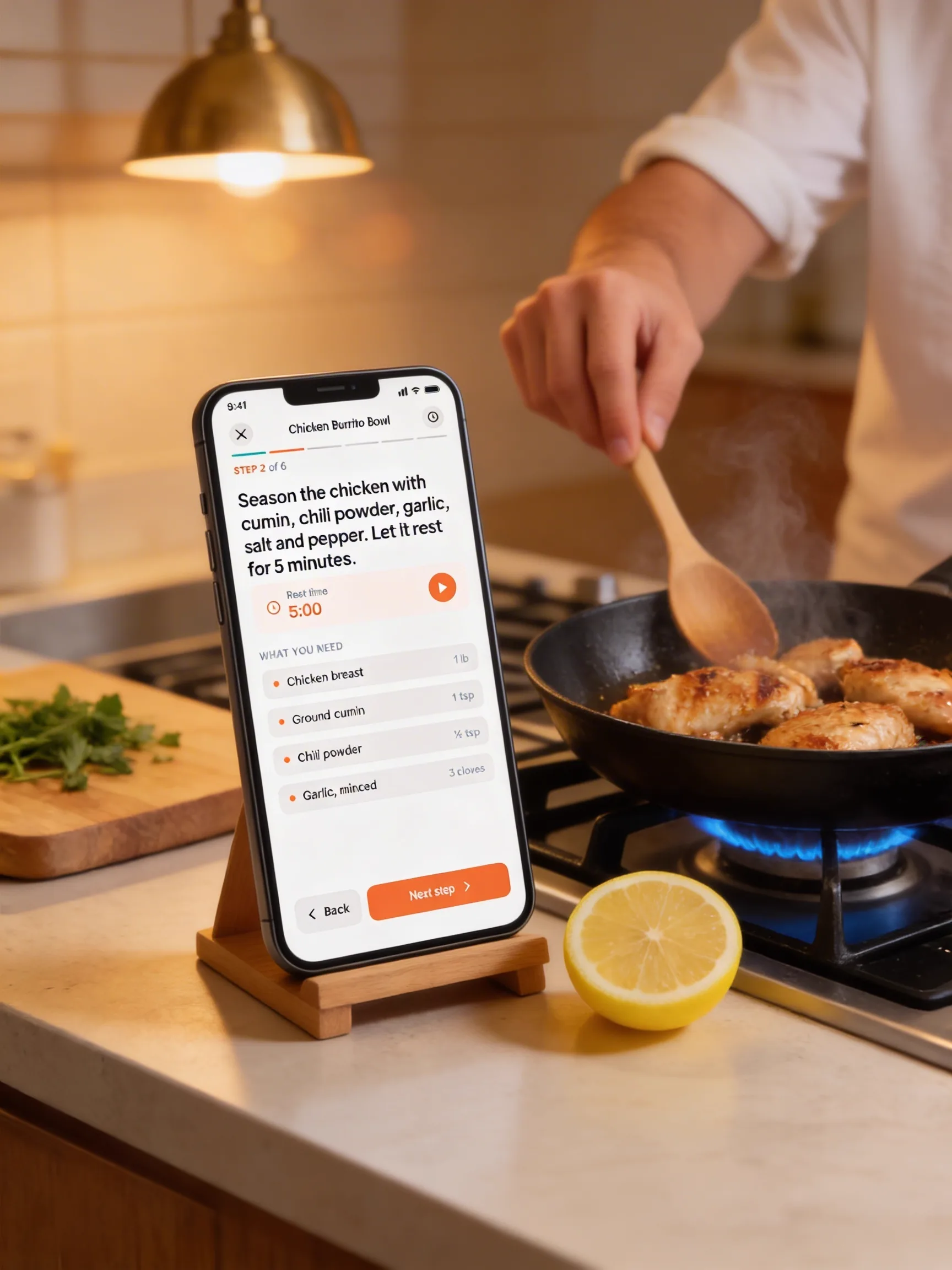 Cooking with Gust step-by-step mode next to sizzling pan