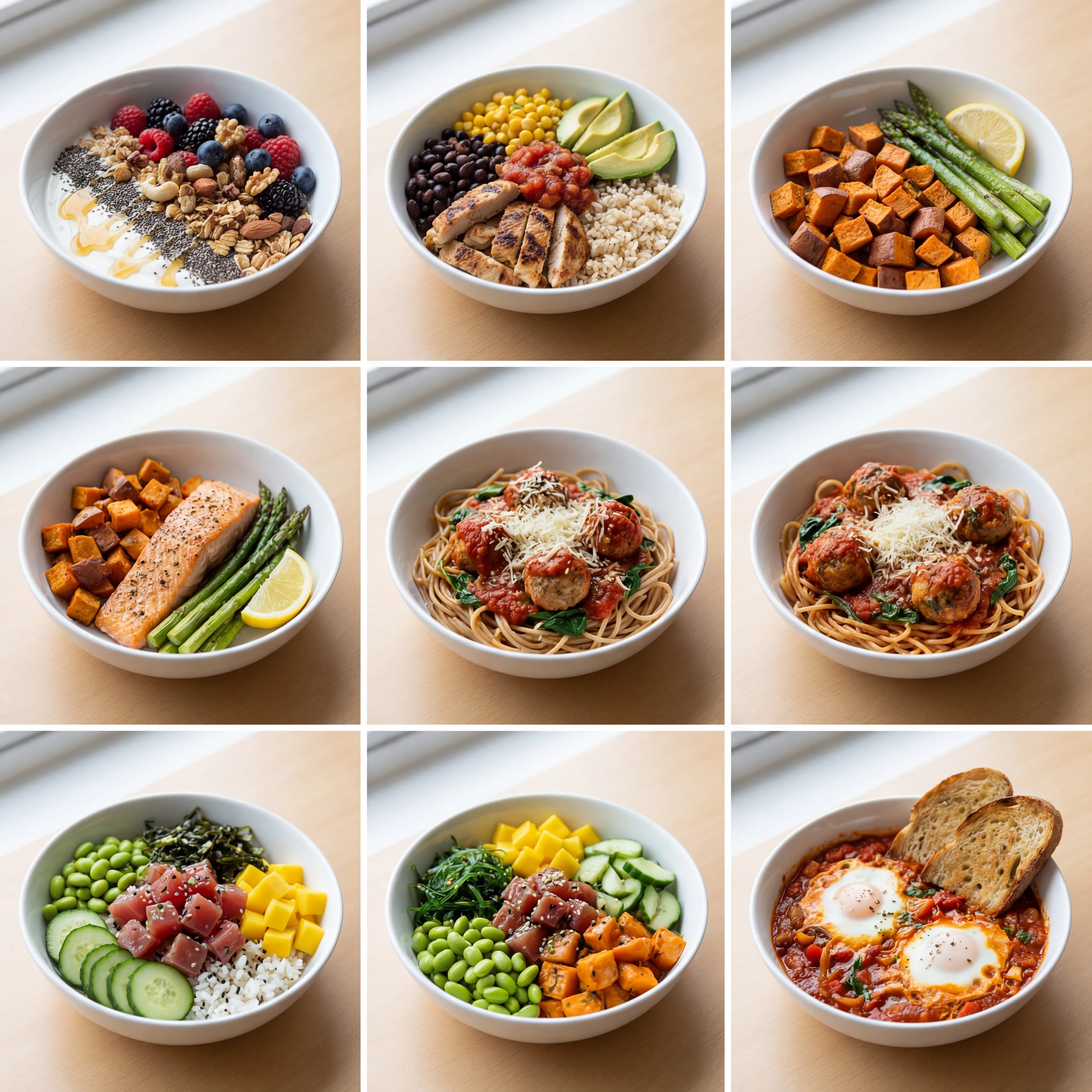 Grid of prepared high-protein meals for the week