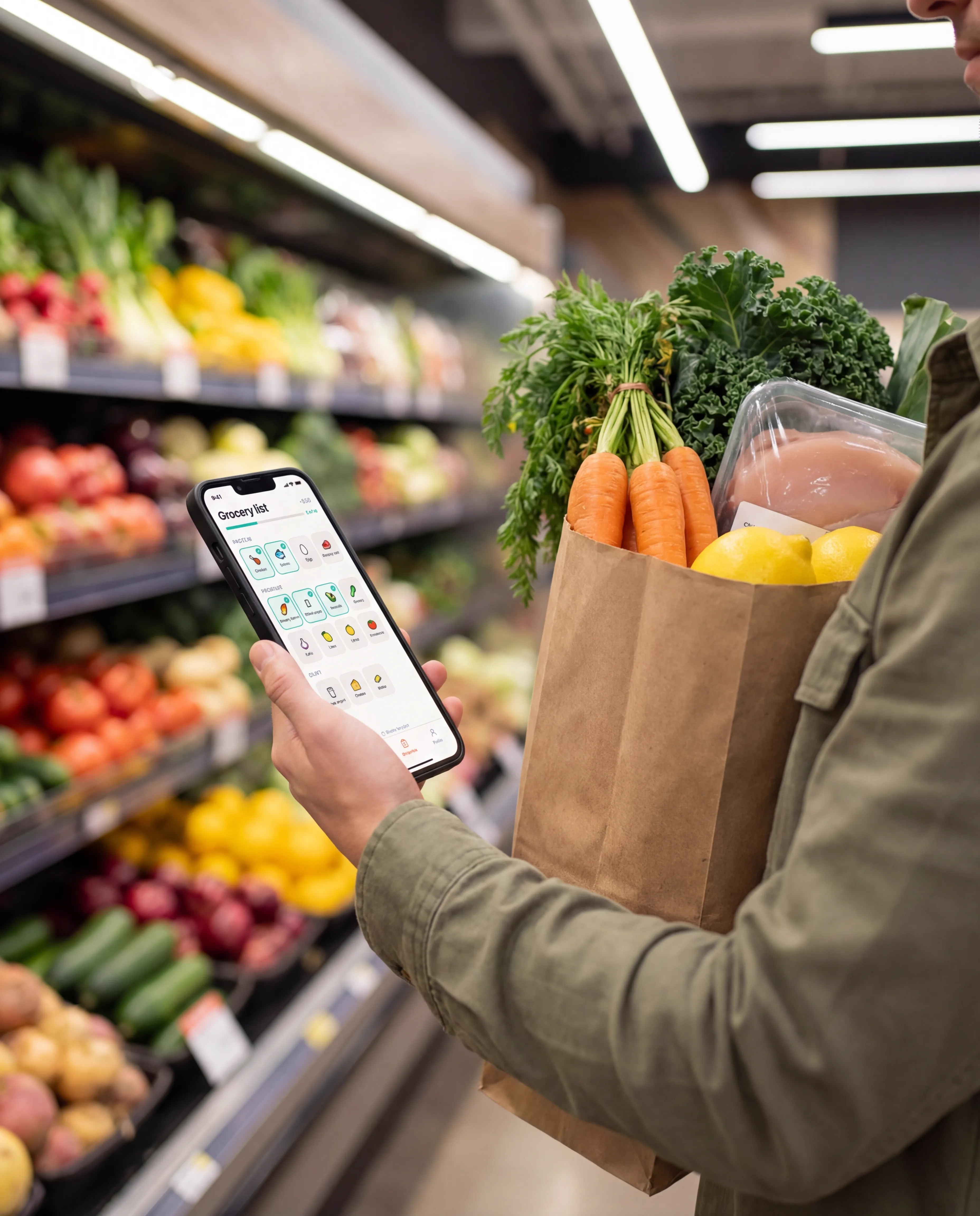 Shopping in the supermarket with Gust grocery list